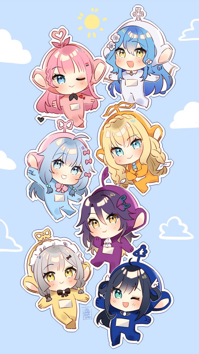 6+girls :&gt; :d ;d ahoge amano_nene_(vtuber) black_hair blonde_hair blue_background blue_eyes blue_hair blush braid charlotte_suzu chibi closed_mouth cloud coll_(erichankun) commentary crown_braid english_commentary flower gradient_hair grey_hair grin hair_flower hair_ornament heart isla_coleman lua_asuka multicolored_hair multiple_girls namiji_freesia one_eye_closed open_mouth pink_hair production_kawaii purple_hair reina_sun_(vtuber) second-party_source shee_icho smile sun teeth teletubbies virtual_youtuber white_flower yellow_eyes