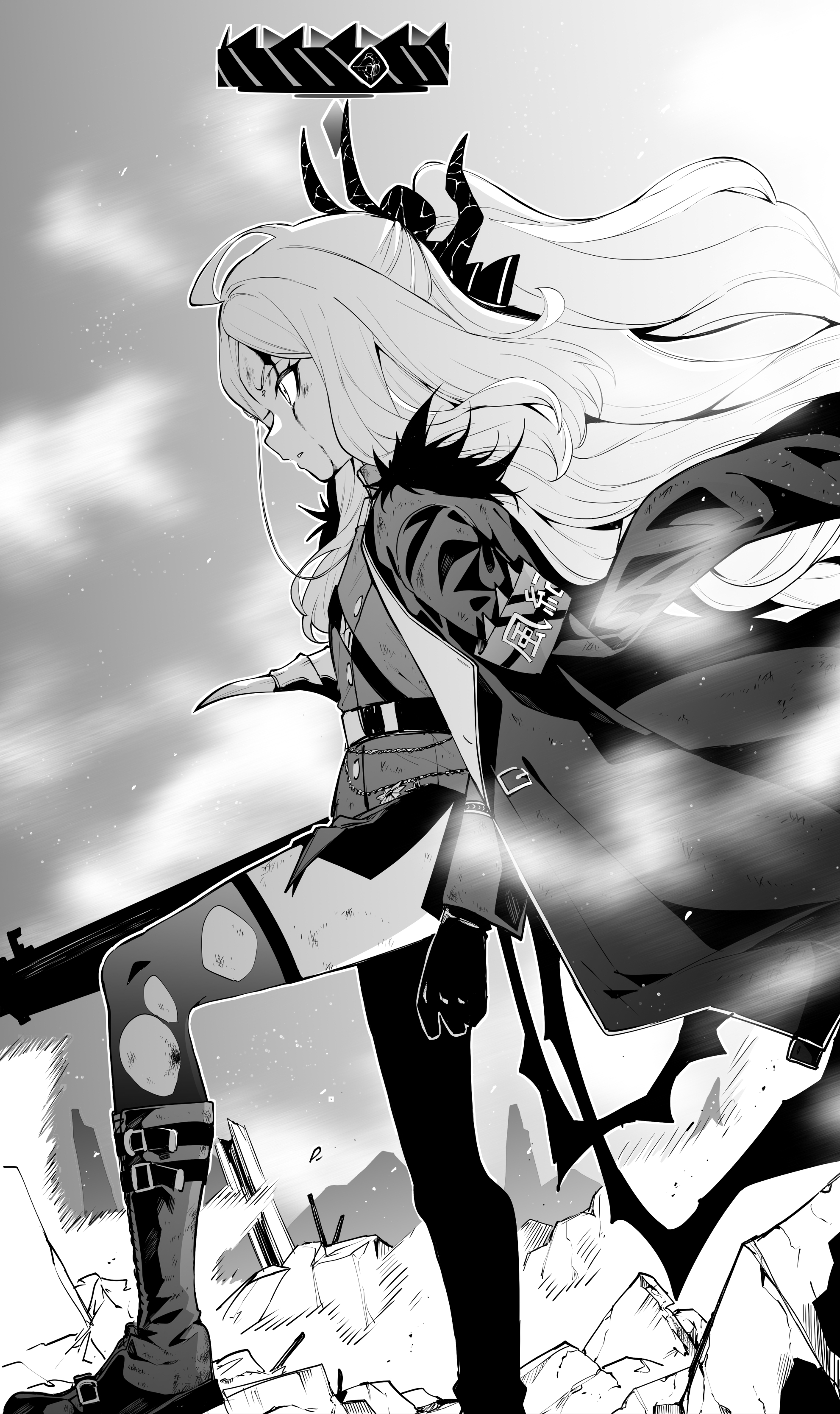 1girl absurdres armband belt belt_boots bleeding blood blood_on_face blue_archive boots closed_mouth coat coat_on_shoulders embers foot_out_of_frame from_side fur-trimmed_coat fur_trim gloves greyscale halo highres hina_(blue_archive) horns long_hair low_wings military military_uniform monochrome multiple_horns rubble smoke solo thighhighs torn_clothes tsukamoto_minori wind wings