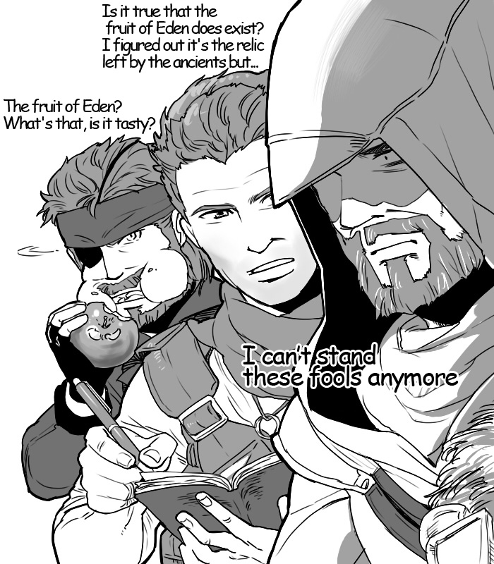 3boys apple assassin&#039;s_creed assassin&#039;s_creed:_revelations assassin&#039;s_creed_(series) bandana beard big_boss book crossover eating eyepatch ezio_auditore_da_firenze facial_hair fingerless_gloves food fruit gloves hinoe_(dd_works) hood male_focus metal_gear_(series) metal_gear_solid monochrome multiple_boys nathan_drake notebook pen scarf translated uncharted
