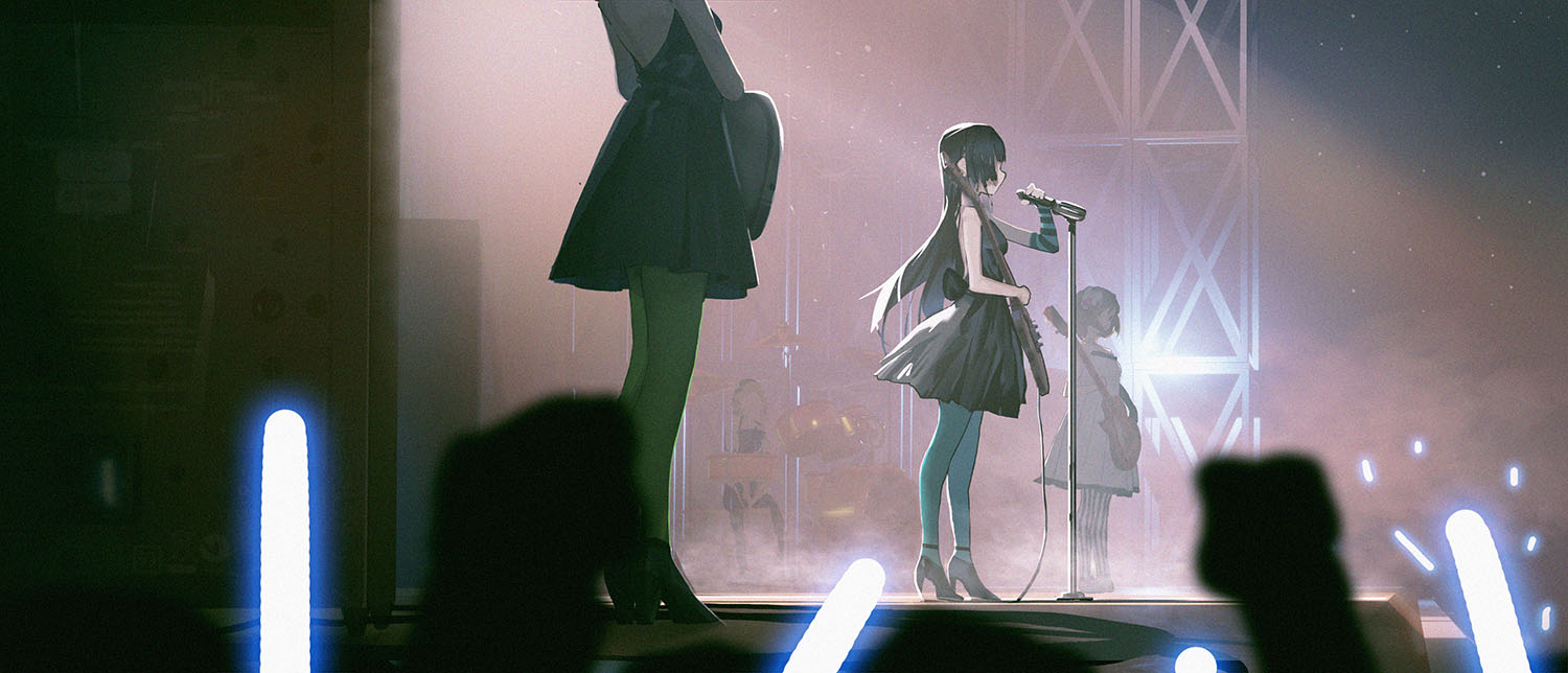 1311422471 4girls akiyama_mio aqua_pantyhose black_footwear black_hair commentary_request don't_say_"lazy" dress drum drum_set from_side green_pantyhose guitar high_heels hirasawa_yui ho-kago_tea_time holding holding_instrument holding_microphone instrument k-on! kotobuki_tsumugi long_hair microphone multiple_girls music pantyhose singing sitting sleeveless sleeveless_dress standing tainaka_ritsu white_dress wide_shot