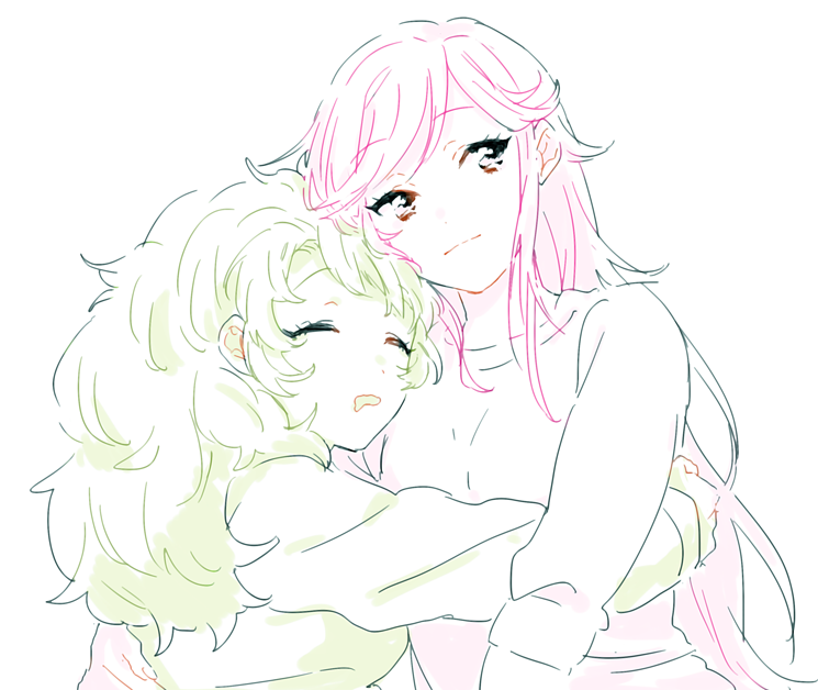 2girls aikatsu!_(series) alternate_hairstyle brown_eyes closed_eyes closed_mouth drooling eyelashes hug long_hair long_sleeves mouth_drool multiple_girls otoshiro_seira pink_hair saegusa_kii shiman sketch sleeping white_background yuri