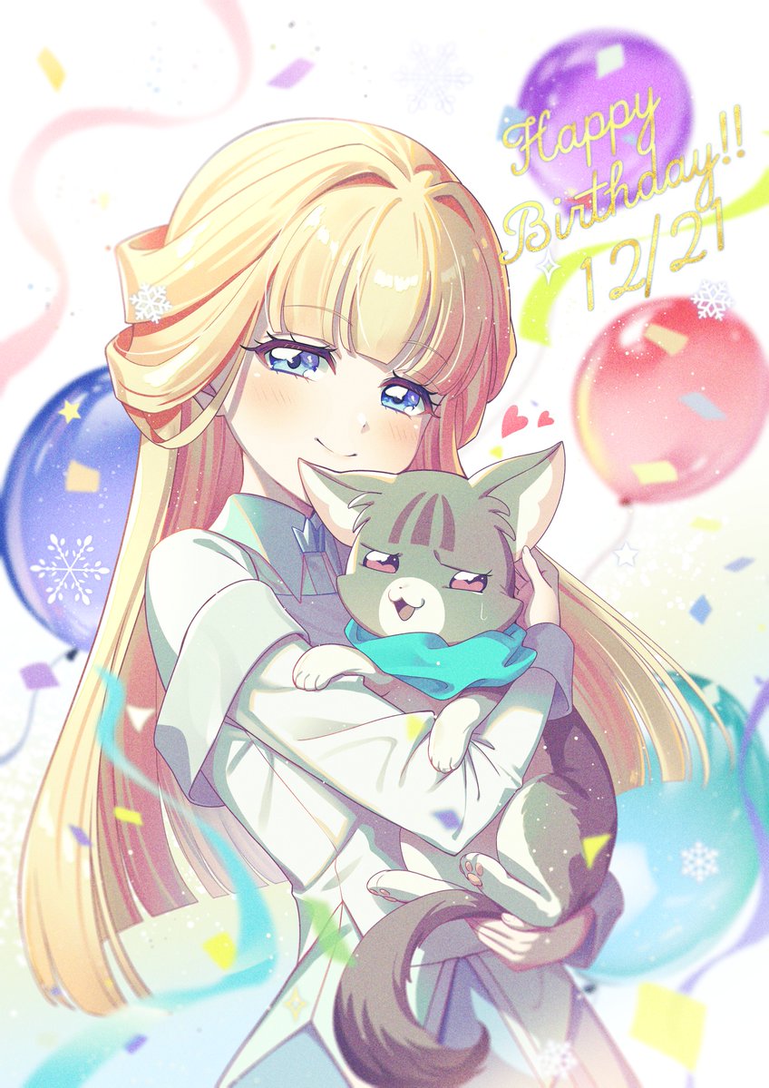 1girl animal balloon blonde_hair blue_dress blue_eyes blunt_ends blurry blurry_background cat closed_mouth collared_dress confetti dress happy_birthday heart holding holding_animal jacket long_sleeves looking_at_viewer nekoyashiki_mayu nekoyashiki_mayu_(cat) nekoyashiki_yuki precure rice_rabbit22 smile snowflakes solo straight_hair upper_body white_jacket wonderful_precure!