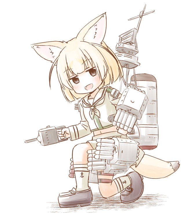 1girl :d anchor_symbol animal_ear_fluff animal_ears black_shoes blonde_hair blunt_bangs cannon commentary_request cosplay female_focus fennec_(kemono_friends) fox_ears fox_girl fox_tail fujisaki_yuu full_body grey_eyes grey_neckerchief holding kantai_collection kemono_friends kitakami_(kancolle) kitakami_(kancolle)_(cosplay) loafers long_sleeves looking_at_viewer machinery neckerchief on_one_knee open_mouth shadow ship_turret shirt shoes short_hair smile socks solo tail torpedo_tubes white_background white_shirt white_socks