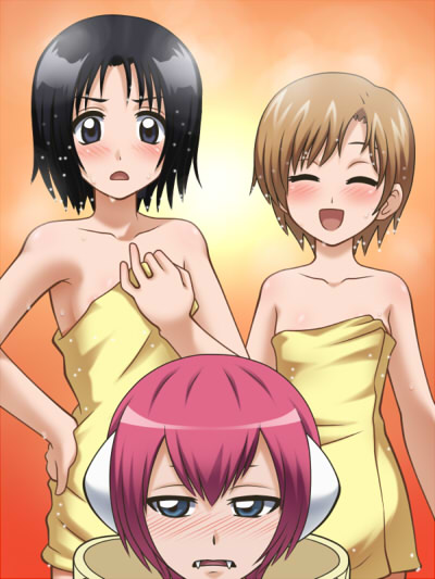 awa black_hair bleach bleach:_zanpakutou_ibun_hen brown_hair grey_eyes kurosaki_karin kurosaki_yuzu naked_towel towel zabimaru