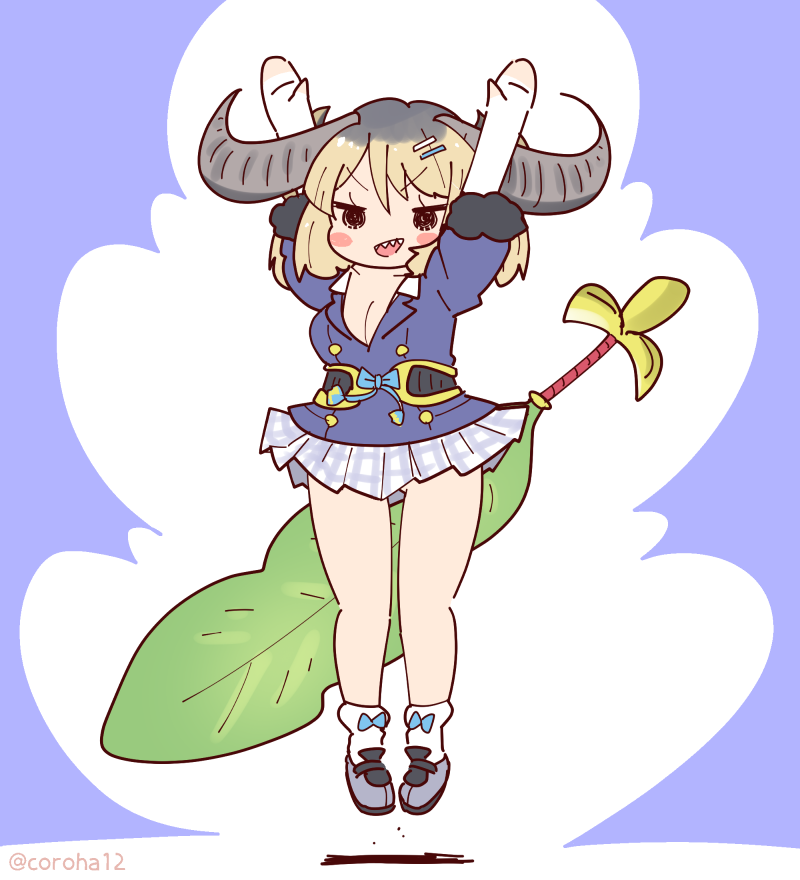 1girl animal_ears arms_up belt blonde_hair blue_background blue_jacket coroha cow_ears cow_girl elbow_gloves fingerless_gloves full_body gloves gyumaou_(kemono_friends) hair_ornament hairpin horns jacket jumping kemono_friends kemono_friends_3 looking_at_viewer ribbon shoes short_hair simple_background skirt socks solo weapon