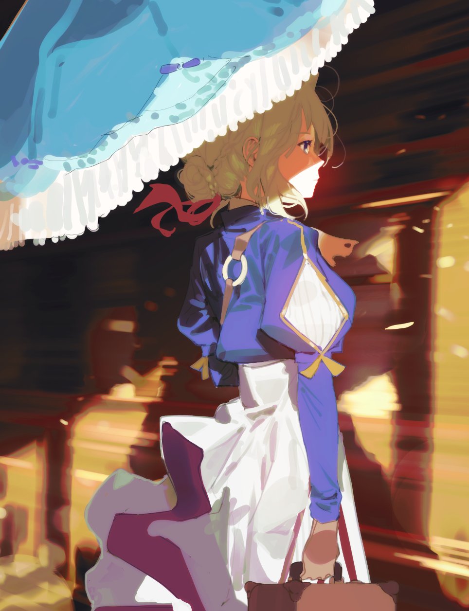 1girl arm_at_side blonde_hair blue_eyes blue_shirt blurry blurry_background briefcase brown_gloves gloves hair_bun hair_ribbon highres juliet_sleeves long_sleeves parasol puffy_sleeves raneblu ribbon shadow shirt short_hair skirt solo standing umbrella violet_evergarden violet_evergarden_(series) white_skirt wind