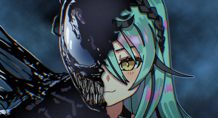 1girl black_hair blue_hair closed_mouth commentary_request cosplay eyebrows_hidden_by_hair hair_between_eyes korean_commentary looking_at_viewer lunaticmem marvel multicolored_hair nijisanji nijisanji_kr portrait ryu_hari smile solo split_theme straight-on streaked_hair venom_(marvel) venom_(marvel)_(cosplay) virtual_youtuber yellow_eyes
