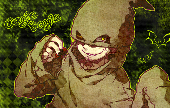 1boy character_name cloak dice hood hooded_cloak kiri_futoshi long_sleeves male_focus oogie_boogie personification simple_background solo the_nightmare_before_christmas