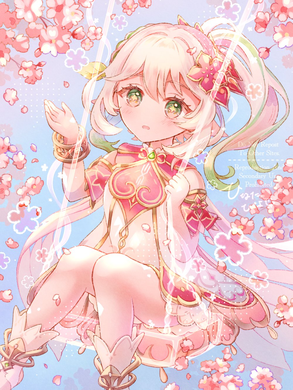 1girl alternate_color bare_shoulders bloomers blush bracelet commentary_request detached_sleeves dress falling_petals feet_out_of_frame genshin_impact gold_trim gradient_hair green_eyes green_hair hair_between_eyes hair_ornament highres hina_cassiopeia jewelry leaf_hair_ornament looking_at_viewer multicolored_hair nahida_(genshin_impact) on_swing parted_lips petals pink_hair pink_sleeves pointy_ears sitting solo star-shaped_pupils star_(symbol) swing symbol-shaped_pupils underwear white_bloomers white_dress white_hair