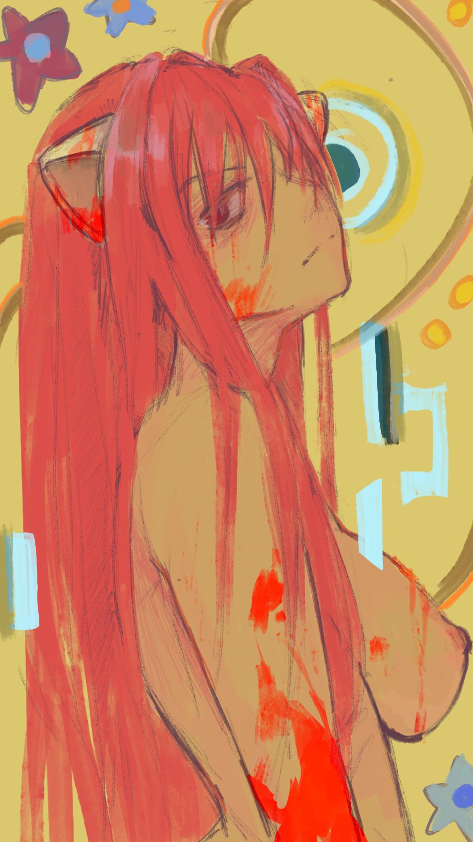 1girl blood blood_on_face blood_splatter breasts cenketsu elfen_lied hair_over_one_eye highres horns looking_at_viewer lucy_(elfen_lied) nipples nude red_eyes red_hair sideboob solo yellow_background