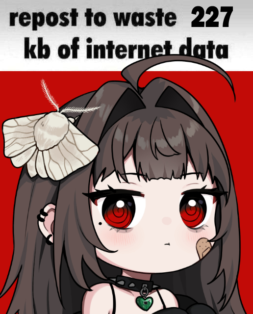 1girl @_@ ahoge bandaid bandaid_on_face brown_hair bug chibi collar ear_piercing english_text gif_caption_(meme) hair_intakes insect looking_at_viewer meme metadata_reference moth original piercing red_background red_eyes solo spaghetti_strap spiked_collar spikes vickie_(cryingrobot) vickie_(cryingrobot)_(character)