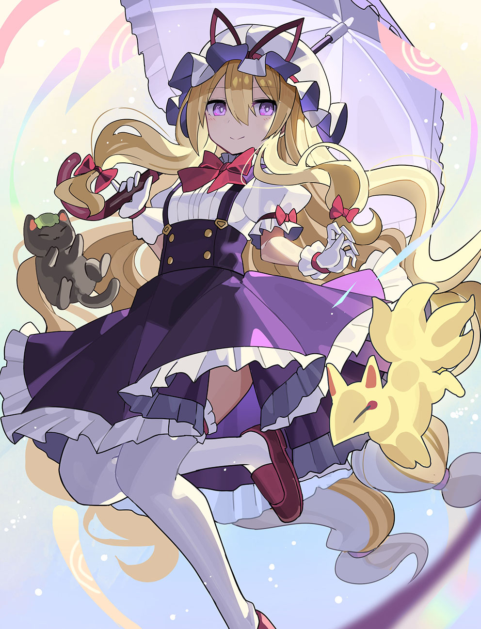 1girl aged_down alternate_costume bad_link blonde_hair breasts chen chen_(cat) closed_mouth commentary falken_(yutozin) gloves hair_between_eyes hat high-waist_skirt highres holding holding_umbrella loafers long_hair looking_at_viewer mob_cap purple_eyes purple_skirt red_shoes revision shoes skirt small_breasts smile suspender_skirt suspenders thighhighs touhou umbrella very_long_hair white_gloves white_thighhighs yakumo_ran yakumo_ran_(fox) yakumo_yukari