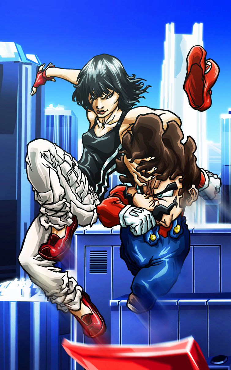 1boy 1girl angry black_hair blue_eyes brown_hair building clash day facial_hair faith_connors full_body gloves hand_on_another&#039;s_head hat height_difference highres jumping lipstick makeup mario mario_(series) mirror&#039;s_edge mirror&#039;s_edge_(series) mustache nintendo serious shirt shoes short_hair sleeveless sleeveless_shirt smug super_mario_bros._1 tattoo