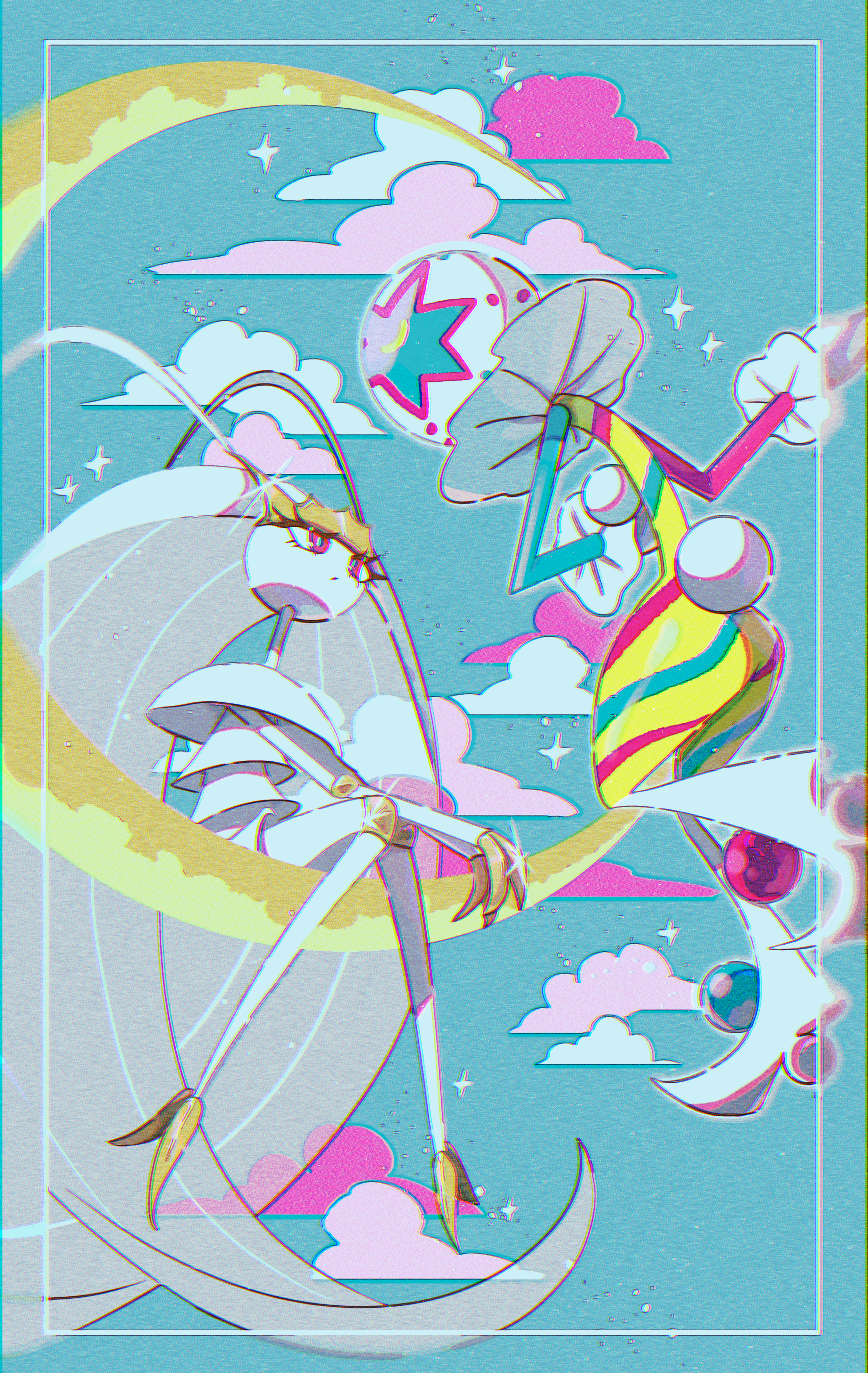 absurdres antennae blacephalon border chromatic_aberration cloud commentary english_commentary fukkatsu_no_maya full_body gen_7_pokemon gloves green_background highres long_hair midair neck_ruff nintendo no_humans on_crescent pheromosa pokemon pokemon_(creature) pom_pom_(clothes) sitting sparkle ultra_beast white_border white_gloves