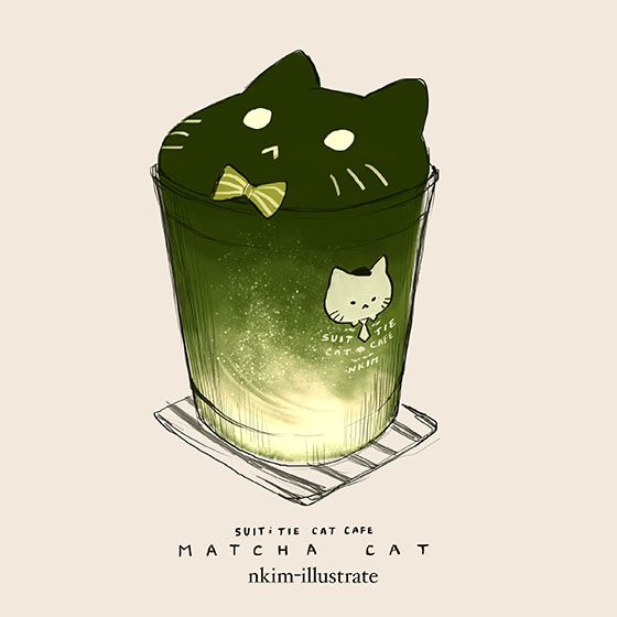 animal-themed_food artist_name bow bowtie cat coffee commentary cup disposable_cup english_commentary food_focus green_bow green_bowtie grey_background matcha_(food) nadia_kim napkin no_humans original simple_background striped_bow striped_bowtie striped_clothes traditional_bowtie