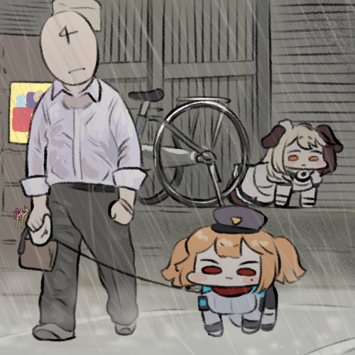 1boy 2girls :3 all_fours animal_ears bell blush_stickers brown_hair cerberus_(last_origin) chibi collared_shirt commander_(last_origin) dog_ears dog_girl hachiko_of_castling hat holding holding_leash jazz_jack last_origin leash lowres maid maid_headdress military_hat mole mole_under_eye multiple_girls neck_bell orange_eyes orange_hair pants photo-referenced poster_(object) red_eyes see-through_clothes shirt shoes signature two_side_up wet wet_clothes white_hair