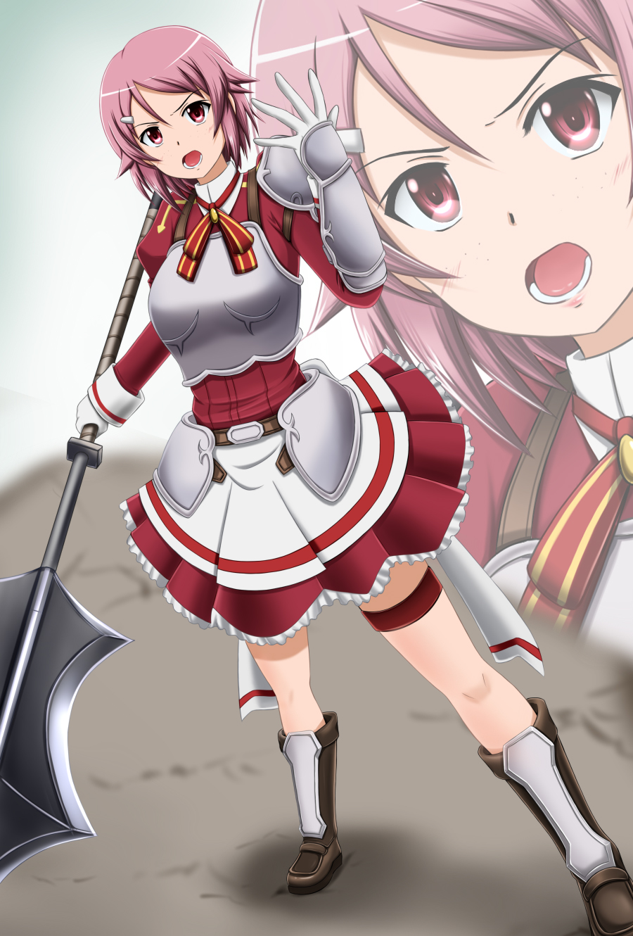 10s 1girl armor axe battle_axe battleaxe boots fuuma_nagi gauntlets highres lisbeth_(sao) open_mouth pink_hair polearm red_eyes short_hair sword_art_online weapon zoom_layer