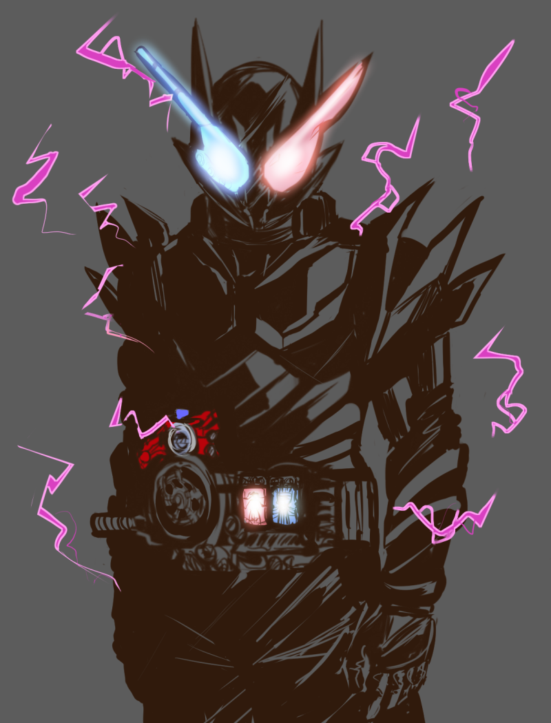 1boy armor black_armor black_horns blue_eyes commentary_request compound_eyes cropped_legs electricity glaring glowing glowing_eyes grey_background hazard_trigger heterochromia horns kamen_rider kamen_rider_build kamen_rider_build_(series) looking_at_viewer male_focus rabbit+tank_form_(black_hazard) red_eyes science_fiction shoulder_armor smoke solo steam ugaroku