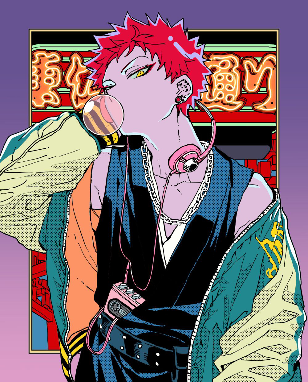 1boy abaraya belt blowing_bubbles commentary_request harai_kuko headphones headphones_around_neck highres hypnosis_mic long_sleeves looking_at_viewer male_focus red_eyes short_hair solo walkman yellow_eyes