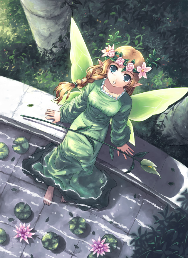 1girl barefoot blonde_hair braid butterfly_wings dress fairy_wings fantasy female_focus flower from_above green_eyes head_wreath insect_wings long_hair looking_up lotus mavka plant pointy_ears ragnarok_online sitting soaking_feet solo water water_lily_flower wings yakka