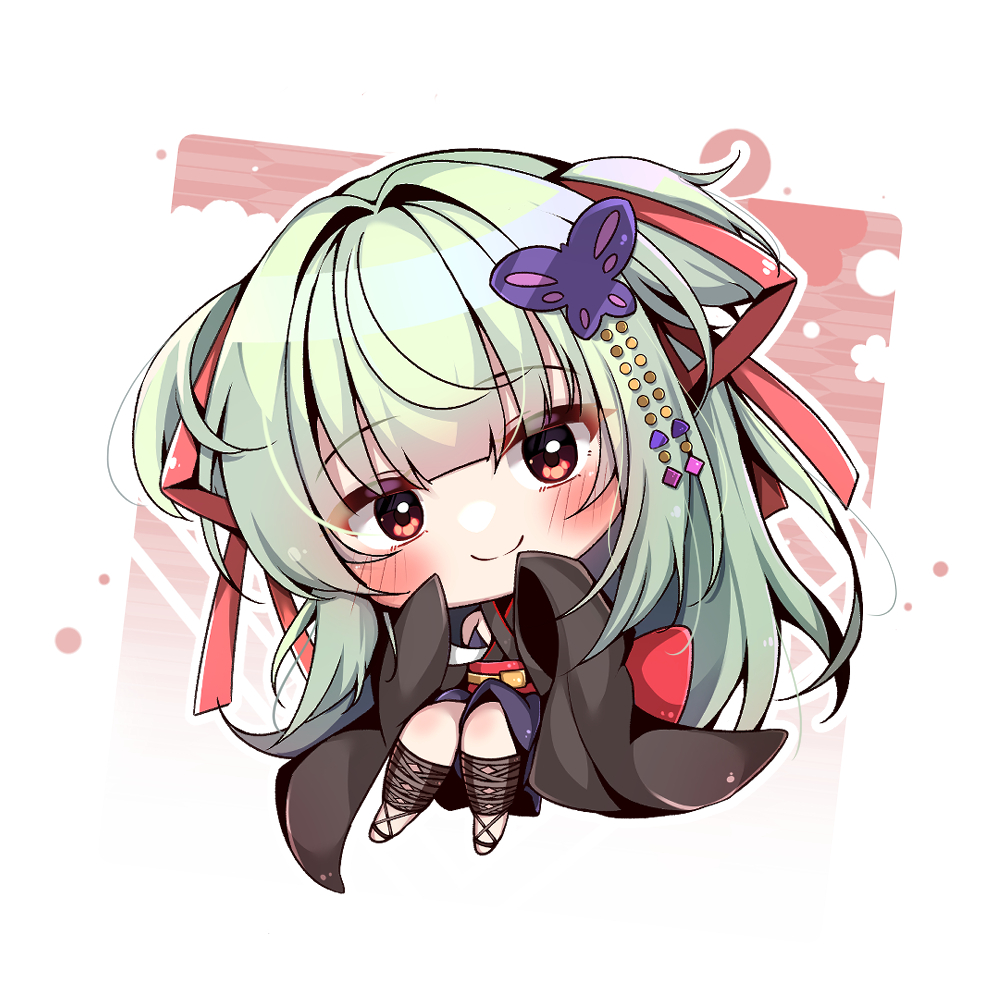 1girl back_bow bare_shoulders black_kimono blunt_bangs blush bow butterfly_hair_ornament chibi closed_mouth commentary_request cross-laced_footwear green_hair hair_ornament hair_ribbon hands_up head_tilt hime_cut japanese_clothes kimono long_hair long_sleeves looking_at_viewer murasame_(senren) red_bow red_eyes red_ribbon red_sash ribbon sash senren_banka sidelocks simple_background sleeves_past_fingers sleeves_past_wrists smile solo two_side_up very_long_hair white_background wide_sleeves yosh1na