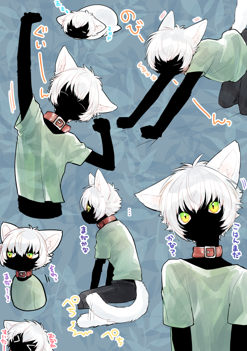 1boy animal_collar animal_ears arm_up black_fur blue_background body_fur cat_boy cat_ears cat_stretch cat_tail collar commentary_request feral_instincts furry furry_male green_eyes green_shirt hituzirobo looking_at_viewer male_focus multicolored_eyes multiple_views original shirt short_hair slit_pupils stretching tail tail_wagging translation_request white_hair yellow_eyes