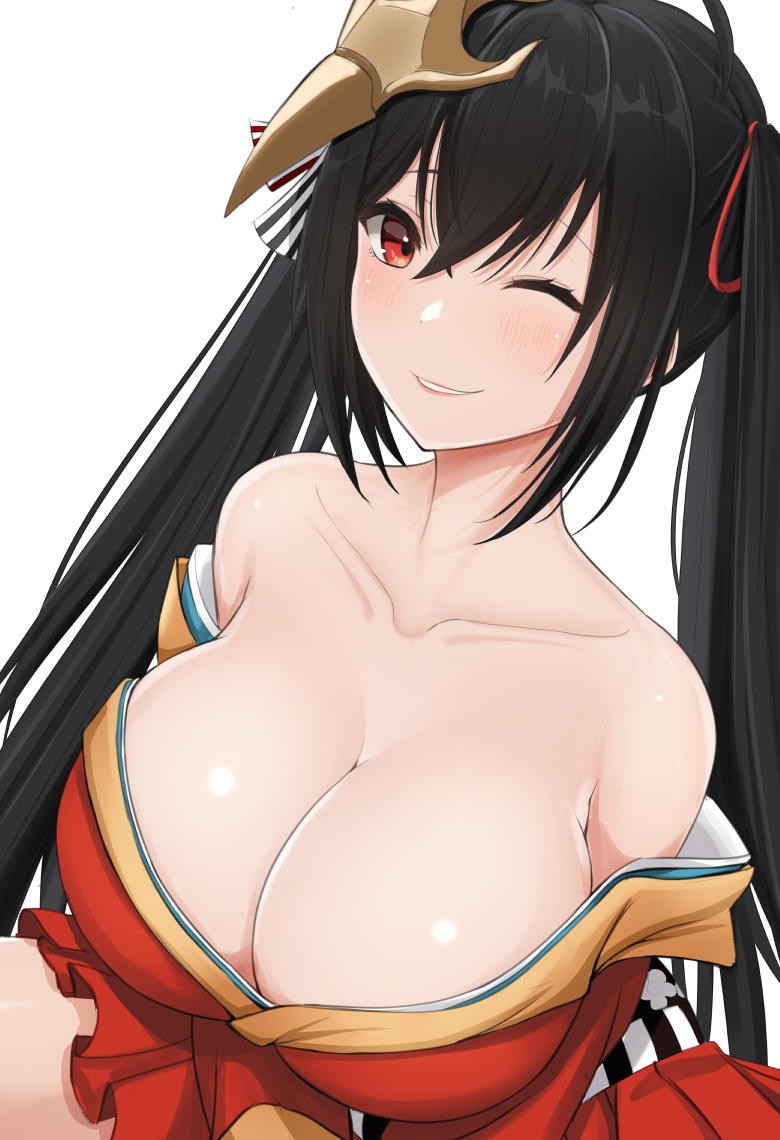 1girl azur_lane bare_shoulders black_hair blush breasts collarbone hair_ornament hair_ribbon japanese_clothes kimono large_breasts long_hair looking_at_viewer off_shoulder one_eye_closed parted_lips red_eyes ribbon smile solo taihou_(azur_lane) twintails upper_body vik_(xypt7474)