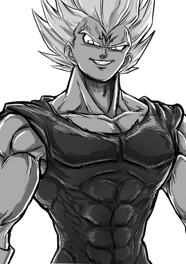 1boy alien dragonball_z evil_grin evil_smile grin looking_at_viewer majin_vegeta smile standing upper_body vegeta