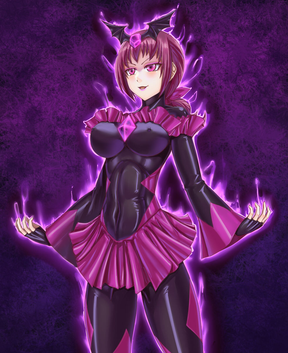 artist_request aura bodysuit corruption dark_persona fingerless_gloves gloves highres hoshizora_ikuyo latex leebigtree lipstick makeup pink_eyes ponytail precure skirt tagme