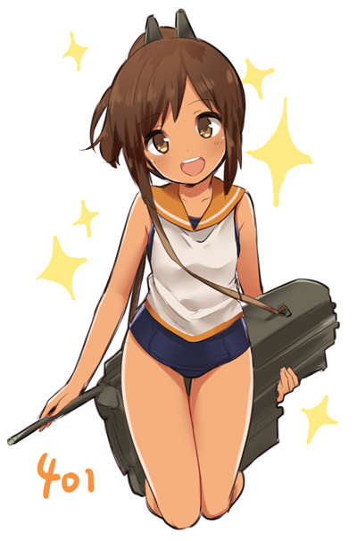 10s 1girl brown_eyes brown_hair dark-skinned_female dark_skin female_focus i-401_(kancolle) ica kantai_collection looking_at_viewer one-piece_swimsuit open_mouth personification ponytail sailor_collar school_swimsuit school_uniform short_hair short_ponytail smile solo swimsuit swimsuit_under_clothes