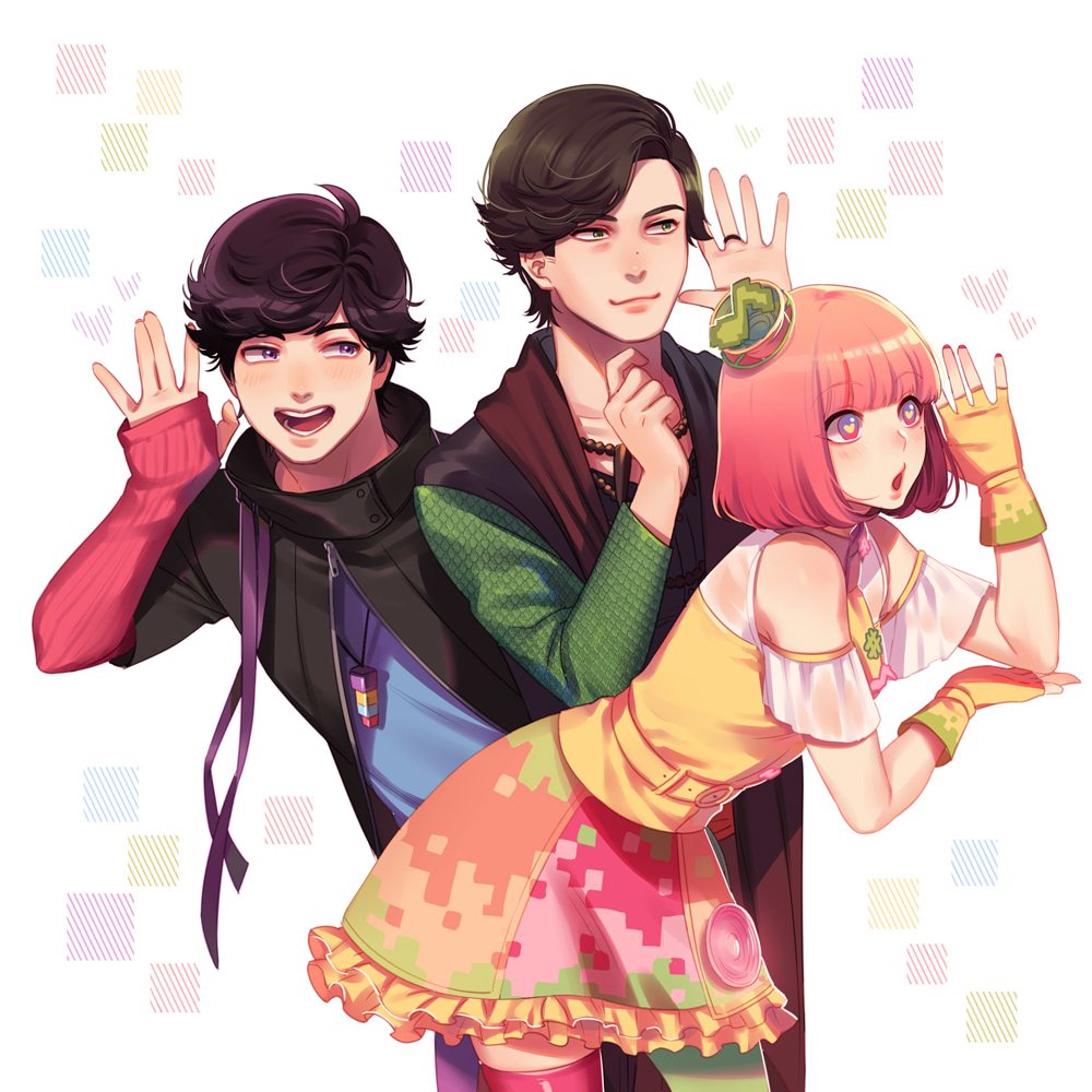 1girl 2boys asymmetrical_legwear bad_id bad_pixiv_id bead_necklace beads bent_over brown_hair fingerless_gloves gloves graphite_bugster green_eyes hair_ornament heart heart-shaped_pupils jewelry kamen_rider kamen_rider_ex-aid_(series) mismatched_legwear multicolored_skirt multiple_boys necklace noriuma open_mouth parad pendant pink_eyes pink_hair poppi_pipopapo ring skirt smile symbol-shaped_pupils thighhighs zettai_ryouiki