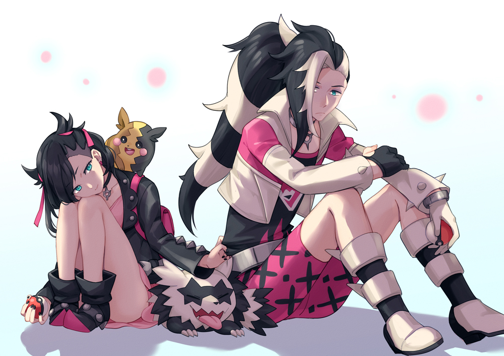1boy 1girl aqua_eyes asymmetrical_bangs asymmetrical_hair black_footwear black_hair black_jacket black_nails black_shirt blush breasts brother_and_sister chen_(1717) choker commentary_request dress earrings galarian_form galarian_zigzagoon game_freak gen_3_pokemon gen_8_pokemon gym_leader hair_ribbon headpat holding holding_poke_ball jacket jewelry long_sleeves looking_at_viewer marnie_(pokemon) medium_breasts morpeko morpeko_(full) nail_polish nintendo open_clothes piers_(pokemon) pink_dress pink_jacket pink_shorts poke_ball poke_ball_(basic) pokemon pokemon_(creature) pokemon_swsh red_ribbon ribbon shirt shoes shorts siblings simple_background sitting small_breasts tongue tongue_out twintails white_background white_hair zigzagoon