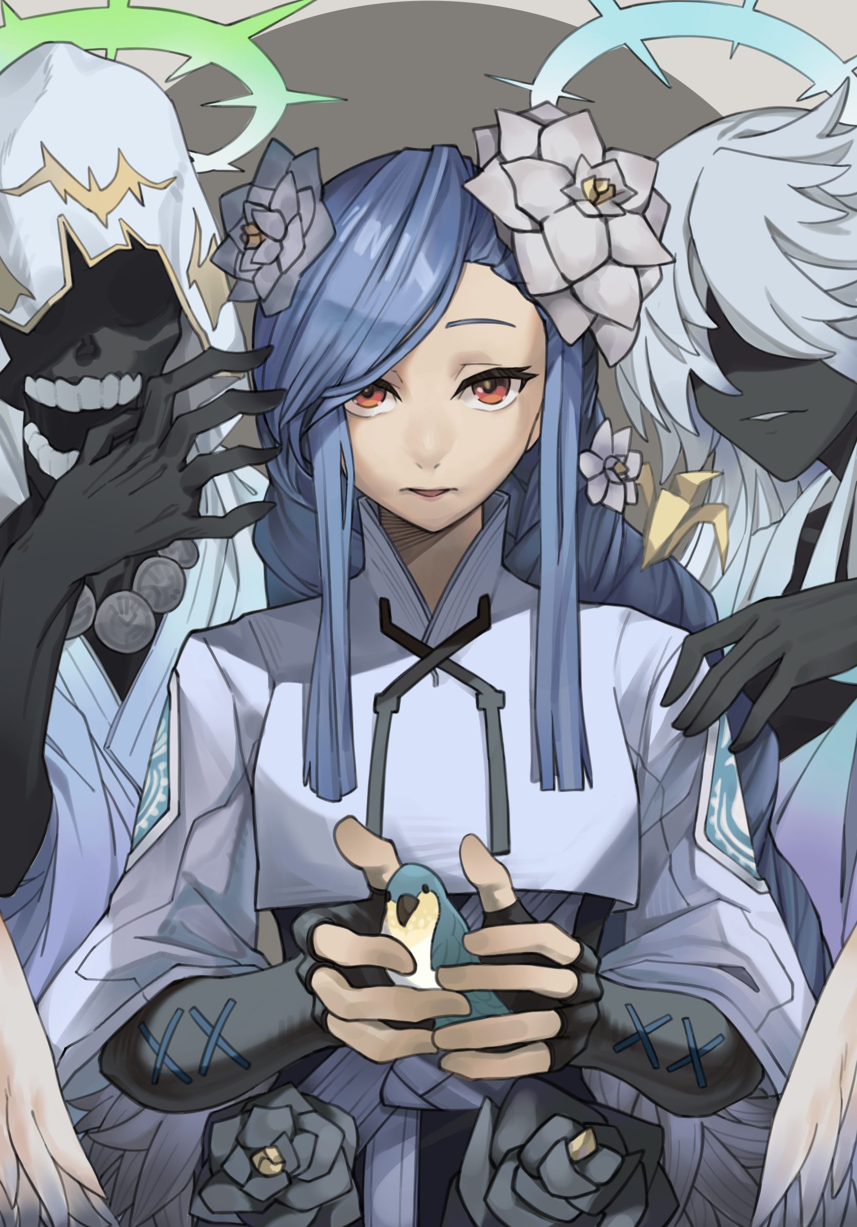 1girl angel_wings animal bird black_dress black_gloves blue_hair blue_halo braid braided_ponytail dizzy_(guilty_gear) dress fingerless_gloves flower gloves green_halo guilty_gear guilty_gear_strive hair_flower hair_ornament halo highres holding holding_animal long_sidelocks looking_at_viewer mature_female necro_(guilty_gear) onionmay open_mouth queen_dizzy red_eyes sidelocks swept_bangs undine_(guilty_gear) upper_body wings