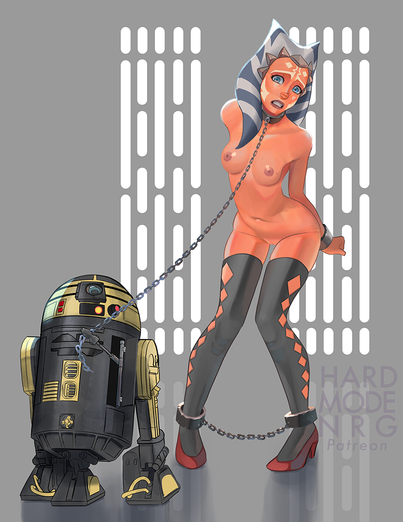 1girl ahsoka_tano alien ankle_cuffs artist_name astromech_droid bdsm bondage bound breasts chain chain_leash collar colored_skin hardmode_nrg leash nipples nude orange_skin patreon_username r3-s6 robot slave small_breasts star_wars togruta watermark