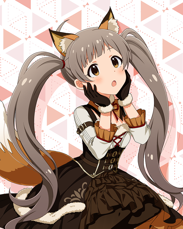 1girl :o ahoge animal_ear_fluff animal_ears blunt_bangs blush bodice breasts brown_dress brown_eyes brown_gloves brown_hair detached_collar dirndl dot_nose dress fake_animal_ears fox_ears fox_tail frilled_sleeves frills fur-trimmed_collar fur-trimmed_gloves fur_trim german_clothes gloves hakozaki_serika hands_on_own_cheeks hands_on_own_face idolmaster idolmaster_million_live! idolmaster_million_live!_theater_days konkon_comfort_(idolmaster) long_hair looking_up neck_ribbon official_alternate_costume official_art open_mouth ribbon shirt sidelocks sitting sleeveless sleeveless_dress small_breasts solo tail three-quarter_sleeves triangle_background twintails underbust very_long_hair wavy_hair white_shirt yokozuwari