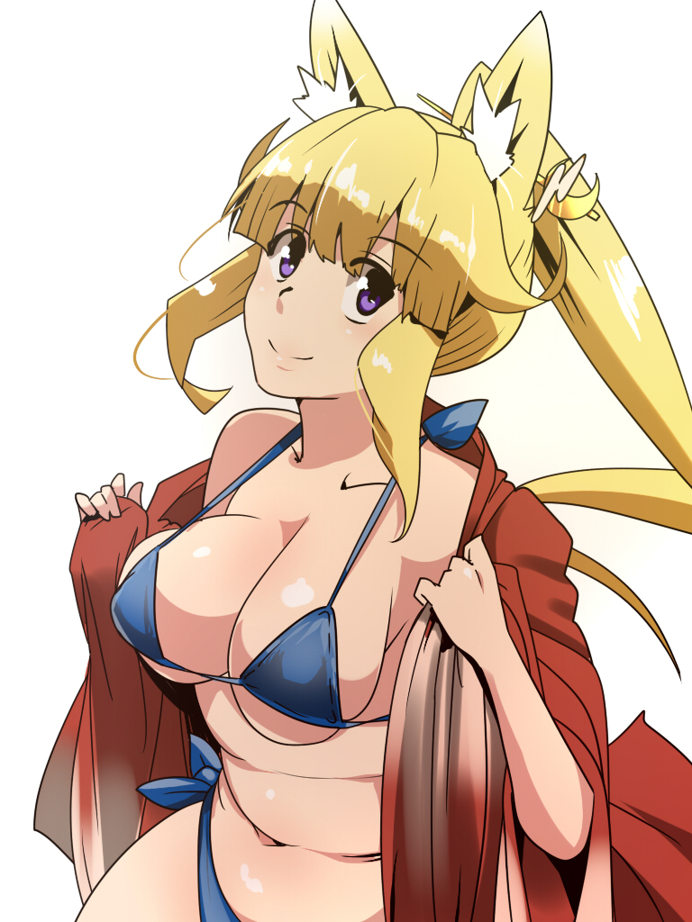 1girl animal_ears bad_id bad_pixiv_id bikini blonde_hair blue_bikini breasts cleavage female_focus hyudora large_breasts long_hair looking_at_viewer micro_bikini navel original ponytail purple_eyes simple_background smile solo swimsuit white_background