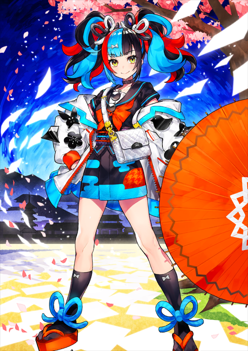1girl architecture bag belt_buckle belt_collar black_collar black_hair black_kimono black_sailor_collar black_shirt black_socks blue_hair blunt_bangs bow bow_legwear bowtie breasts buckle cherry_blossoms closed_mouth collar east_asian_architecture eyewear_hang fate/grand_order fate_(series) full_body game_cg hair_ornament hair_tie hairclip hand_in_pocket hand_on_own_hip holding holding_umbrella jacket japanese_clothes kimono kimono_skirt kneehighs legs_apart looking_at_viewer medium_breasts mika_pikazo multicolored_hair obi obijime off_shoulder official_art oil-paper_umbrella okobo open_clothes open_jacket open_umbrella petals platform_sandals red_bow red_bowtie red_hair red_sandals red_umbrella round_eyewear sailor_collar sandals sash sei_shounagon_(fate) sei_shounagon_(first_ascension)_(fate) shirt short_hair short_kimono short_sleeves short_twintails shoulder_bag sidelocks skirt skirt_set smile socks solo standing sunglasses third-party_source twintails umbrella unworn_eyewear unzipped variant_set white_bag white_jacket yellow_eyes zipper