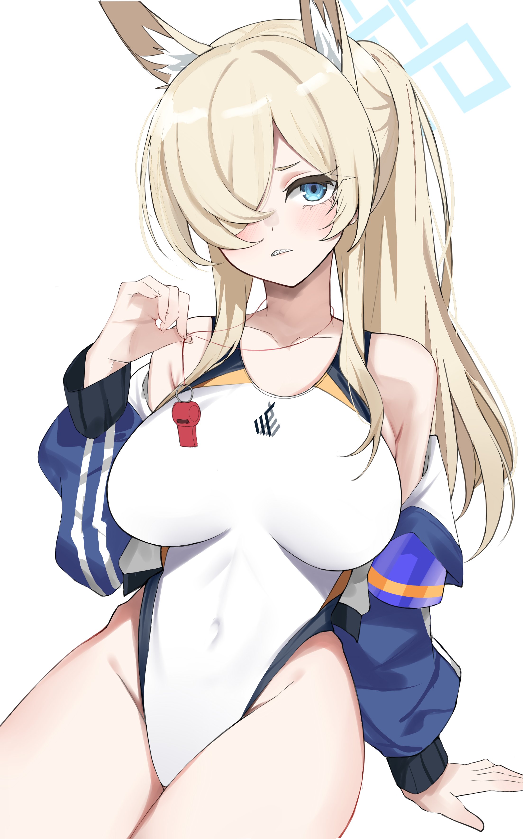 1girl absurdres animal_ears blue_archive blue_eyes blue_halo blue_jacket breasts covered_navel dog_ears groin hair_over_one_eye halo high_ponytail highleg highleg_one-piece_swimsuit highres jacket kanna_(blue_archive) kanna_(swimsuit)_(blue_archive) large_breasts nemun_(tamizzz) off_shoulder one-piece_swimsuit open_clothes open_jacket parted_lips ponytail sharp_teeth sidelocks simple_background sitting solo swimsuit teeth thighs whistle whistle_around_neck white_background white_one-piece_swimsuit
