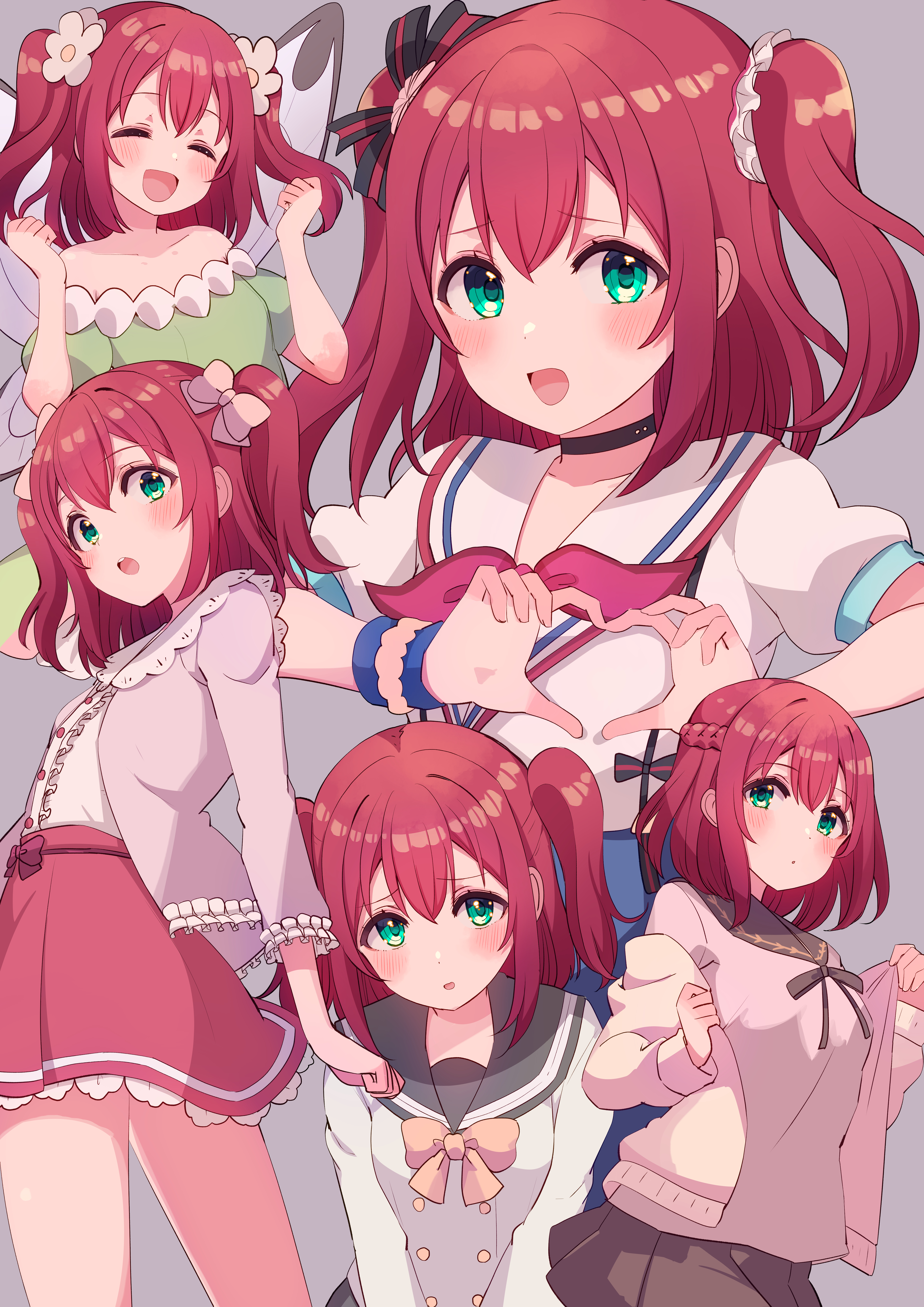 absurdres aozora_jumping_heart aqua_eyes bare_shoulders cream_(nipakupa) genjitsu_no_yohane highres kurosawa_ruby looking_at_viewer love_live! love_live!_sunshine!! medium_hair multiple_girls multiple_persona red_hair ruby_(genjitsu_no_yohane) short_sleeves two_side_up uranohoshi_school_uniform