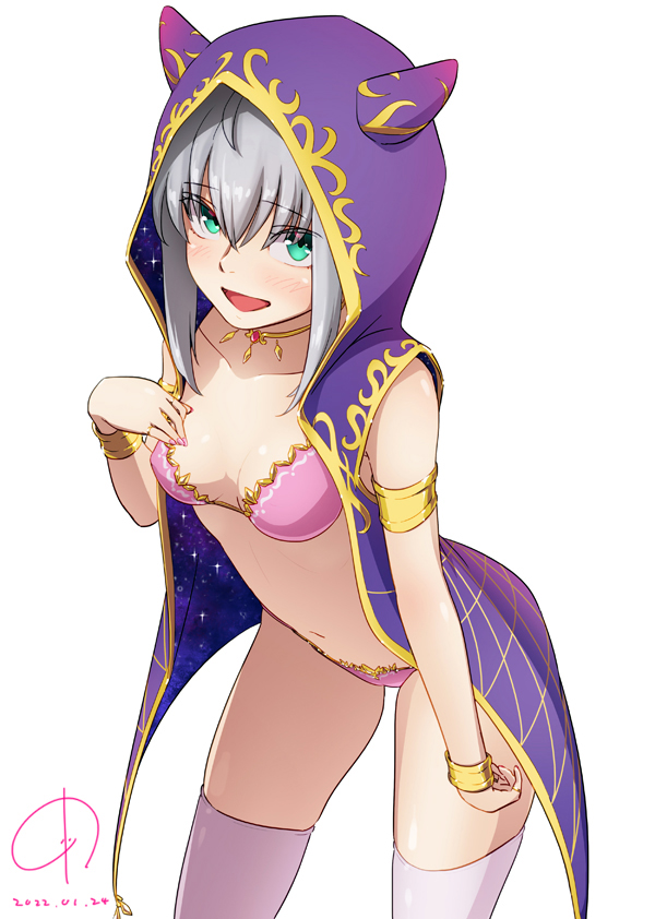 1girl 4690_(tkpbsk) armband bikini blush bracelet breasts chocolate_heaven_(fate/grand_order) cloak cosplay fate/grand_order fate_(series) gray_(fate) green_eyes grey_hair hand_on_own_chest hood hooded_cloak horned_hood horns jewelry kama_(chocolate_heaven)_(fate) kama_(fate) kama_(fate)_(cosplay) looking_at_viewer lord_el-melloi_ii_case_files necklace open_mouth revealing_clothes ribs short_hair signature simple_background small_breasts solo swimsuit thighhighs white_background wristband