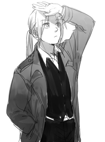 1boy coat edward_elric expressionless formal_clothes fullmetal_alchemist greyscale hand_in_pocket hand_on_own_face long_hair long_sleeves looking_up male_focus monochrome pants ponytail riru shaded_face shirt simple_background standing vest waistcoat white_background white_shirt