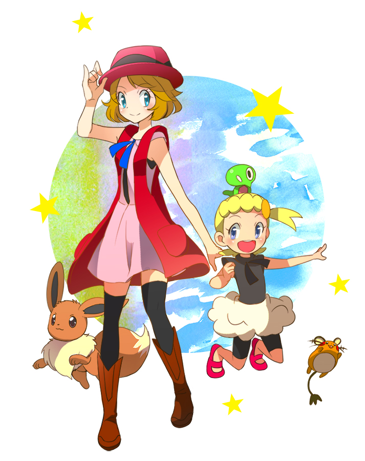 2girls :d asymmetrical_hair bad_id bad_pixiv_id bike_shorts black_legwear black_shirt black_shorts blonde_hair blue_eyes blue_ribbon bonnie_(pokemon) boots brown_footwear brown_hair closed_mouth dedenne dress eevee full_body game_freak gen_1_pokemon gen_6_pokemon hat jumping legendary_pokemon looking_at_viewer multiple_girls neck_ribbon nintendo on_head open_mouth outstretched_arm pink_dress pokemon pokemon_(anime) pokemon_(creature) pokemon_on_head pokemon_xy_(anime) popcorn_91 red_headwear ribbon serena_(pokemon) shirt short_dress short_hair short_sleeves shorts sleeveless sleeveless_dress smile standing thighhighs white_background zettai_ryouiki zygarde zygarde_cell zygarde_core