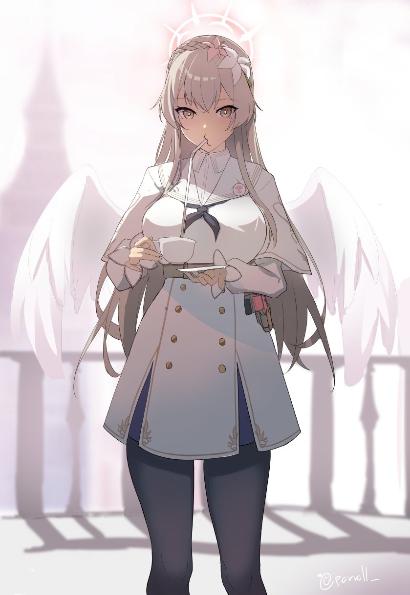 1girl angel_wings balcony belt black_neckerchief black_pantyhose blonde_hair blue_archive braid breasts buttons capelet commentary cowboy_shot crown_braid cup double-breasted dress drinking drinking_straw drinking_straw_in_mouth feathered_wings flower gun hair_between_eyes hair_flower hair_ornament halo handgun highres holding holding_cup holding_saucer holster holstered lapel_pin large_breasts long_hair long_sleeves looking_at_viewer nagisa_(blue_archive) neckerchief outdoors pantyhose porroll railing saucer solo teacup twitter_username very_long_hair weapon white_capelet white_dress white_wings wings yellow_eyes