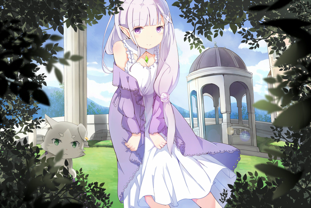 10s 1girl arms_at_sides blue_sky blush branch breasts bridge cardigan cleavage cloud cloudy_sky day dress emilia_(re:zero) female_focus flower gem green_eyes hair_flower hair_ornament kiosk large_breasts leaf light_purple_hair long_hair looking_at_viewer outdoors park pillar pilloar pointy_ears puck_(re:zero) purple_eyes re:zero_kara_hajimeru_isekai_seikatsu sky smile solo white_dress white_flower x_hair_ornament zzzzxxx2010nian