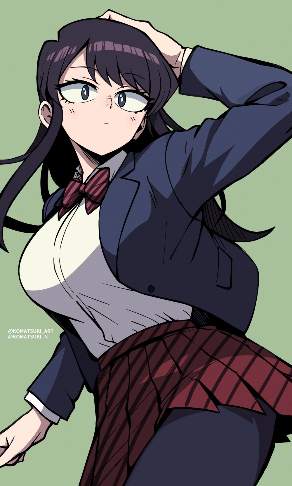 1girl black_eyes black_hair black_pantyhose blazer blue_jacket bow bowtie breasts bright_pupils closed_mouth commentary cowboy_shot diagonal-striped_bow diagonal-striped_bowtie diagonal-striped_clothes diagonal-striped_skirt green_background hand_on_own_head highres jacket komatsuki_n komi-san_wa_komyushou_desu komi_shouko large_breasts long_hair long_sleeves looking_at_viewer open_clothes open_jacket pantyhose pleated_skirt red_bow red_bowtie red_skirt school_uniform shirt shirt_tucked_in simple_background skirt solo standing striped_clothes twitter_username white_shirt