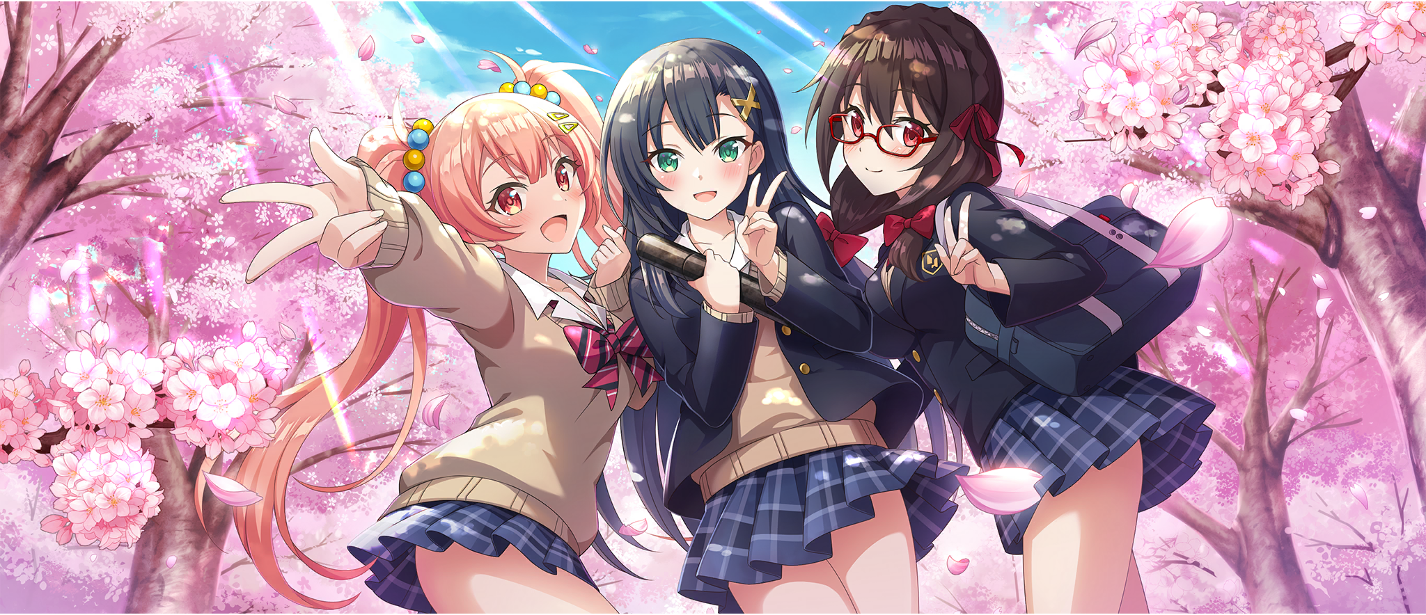 3girls :d bag bespectacled black_hair blazer blue_jacket blue_skirt blush bow brown_hair brown_sweater cherry_blossoms closed_mouth collared_shirt day diagonal_bangs emblem erika_(konosuba) falling_petals finger_heart from_below game_cg glasses green_eyes hair_bow hair_ornament hair_ribbon hairclip hairpin highres jacket kono_subarashii_sekai_ni_shukufuku_wo! konosuba!_fantastic_days lia_(konosuba) long_hair looking_at_viewer looking_down low_twintails miniskirt multiple_girls official_alternate_costume official_art open_clothes open_jacket open_mouth outdoors partially_unbuttoned petals pink_eyes pink_hair pink_petals plaid_clothes plaid_skirt red-framed_eyewear red_bow red_eyes red_ribbon ribbon school_bag school_emblem school_uniform shirt skirt smile standing sunlight sweater thighs tree twintails v very_long_hair w white_shirt yunyun_(konosuba)