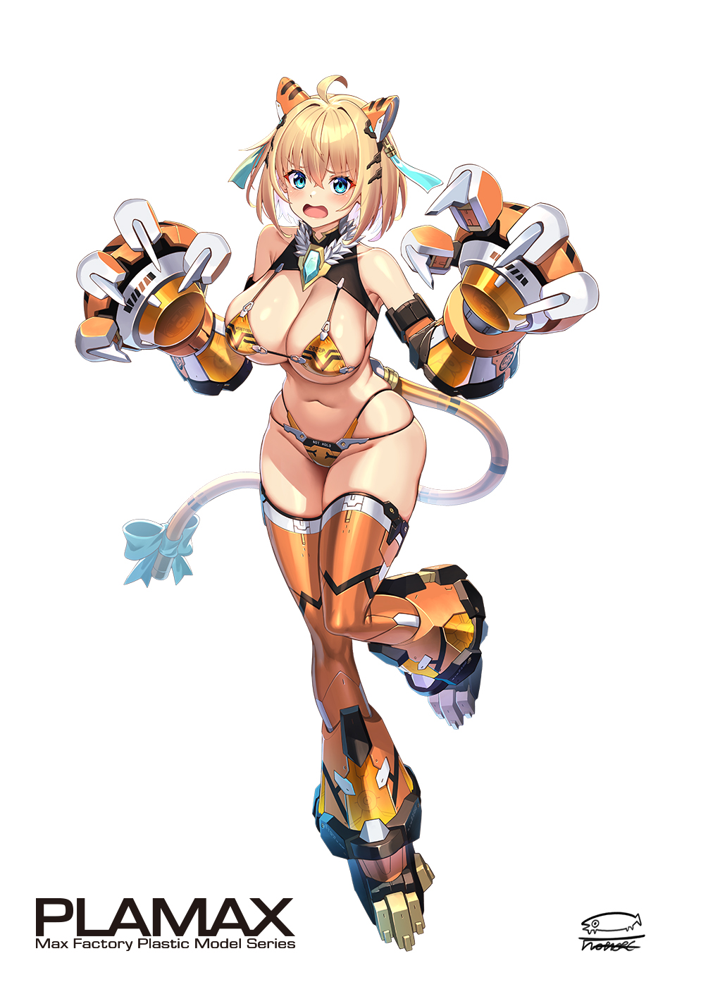 1girl ahoge animal_print bare_shoulders bikini blonde_hair blue_eyes blush breasts collarbone commentary_request full_body groin has_a_figure highres large_breasts looking_at_viewer mecha_musume mechanical_arms mechanical_ears mechanical_legs mechanical_tail navel open_mouth original short_hair solo sophia_f_shirring standing standing_on_one_leg swimsuit tail takamine_nadare tiger_print white_background yellow_bikini