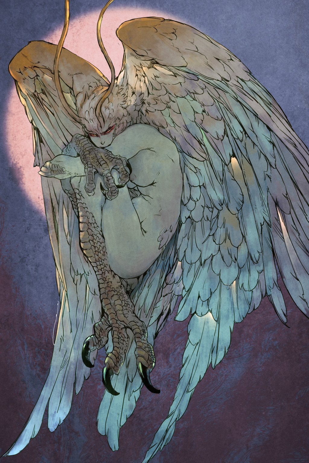 1girl ass bakushi_(smys2017) breasts claws commentary demon_girl devilman devilman_crybaby feathered_wings head_wings highres looking_at_viewer medium_breasts nipples nude sirene_(devilman) solo talons white_wings wings
