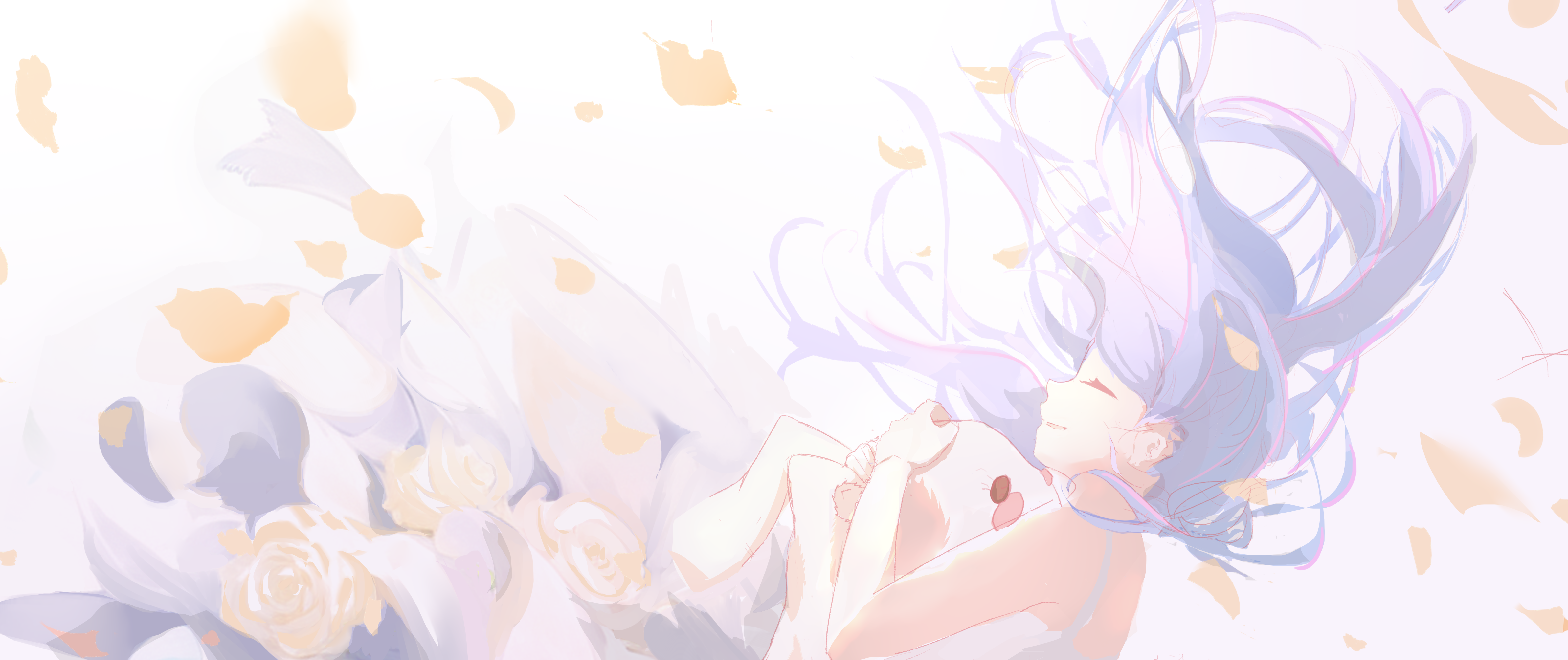 1girl absurdres closed_eyes dress falling falling_petals hachibunsaki hair_flowing_over highres hoshino_ai long_hair oshi_no_ko petals purple_eyes stuffed_toy white_background white_dress