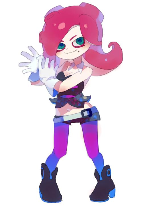 1girl adapted_costume ankle_boots boots breasts cleavage detached_collar eyeshadow female_focus gloves green_eyes makeup midriff mmlu_(honwa_karesu) mole mole_under_mouth nintendo octoling pantyhose pantyhose_under_shorts purple_pantyhose red_hair short_shorts shorts smile solo splatoon_(series) splatoon_1 takozonesu tentacle_hair wavy_mouth white_gloves